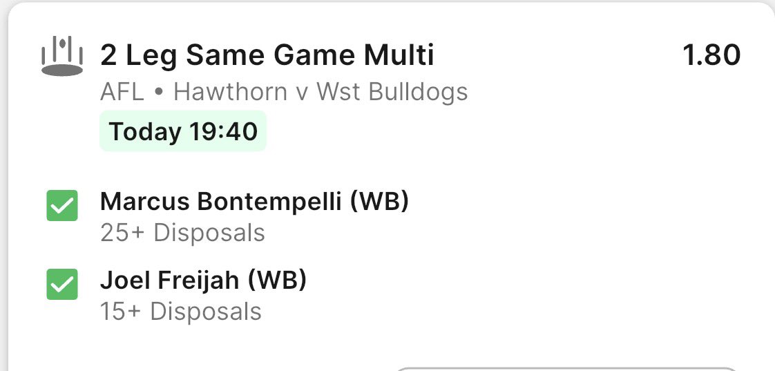 NumberNuffy's tweet photo. 2 Units

AFL
Hawks vs Dogs
SGM
@ $1.80
TAB

Analysis Below:
Liking the Bont tonight as I don't see a tag coming his way, seeing this as a bounce back spot for him after the pies game, seeing as though they allow the 5th least disposals to inside mids. Taking away the game he was tagged by Mullin, and the game against the lions where he had 46% CBA, he has hit this in 9 of his last 10 games. Pairing this with Freijah for 14+ as he has hit this in 34 of his past 35 games. Another factor is that Freijah and the Bont have decently positive correlation between disposals with 58% of games with their disposals moving together with an r value of 0.445.