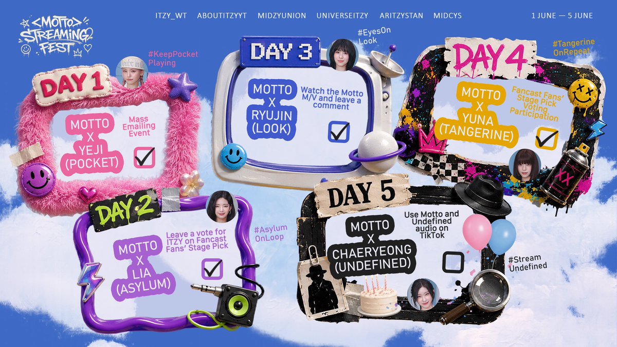 ITZY_WT's tweet photo. 📢 MOTTO STREAMING FEST — DAY 5/5 🎂

Today is Chaeryeong’s birthday! Join today’s missions as we celebrate her special day and wrap up the final day of the event.

🎯 Today’s missions:

1) Stream MOTTO x Undefined (🔗Playlist: https://t.co/CpiH72wCNJ)
2) Post a TikTok video using both Undefined and MOTTO as the audio

📸 Please include the hashtag in every screenshot:

#StreamUndefined