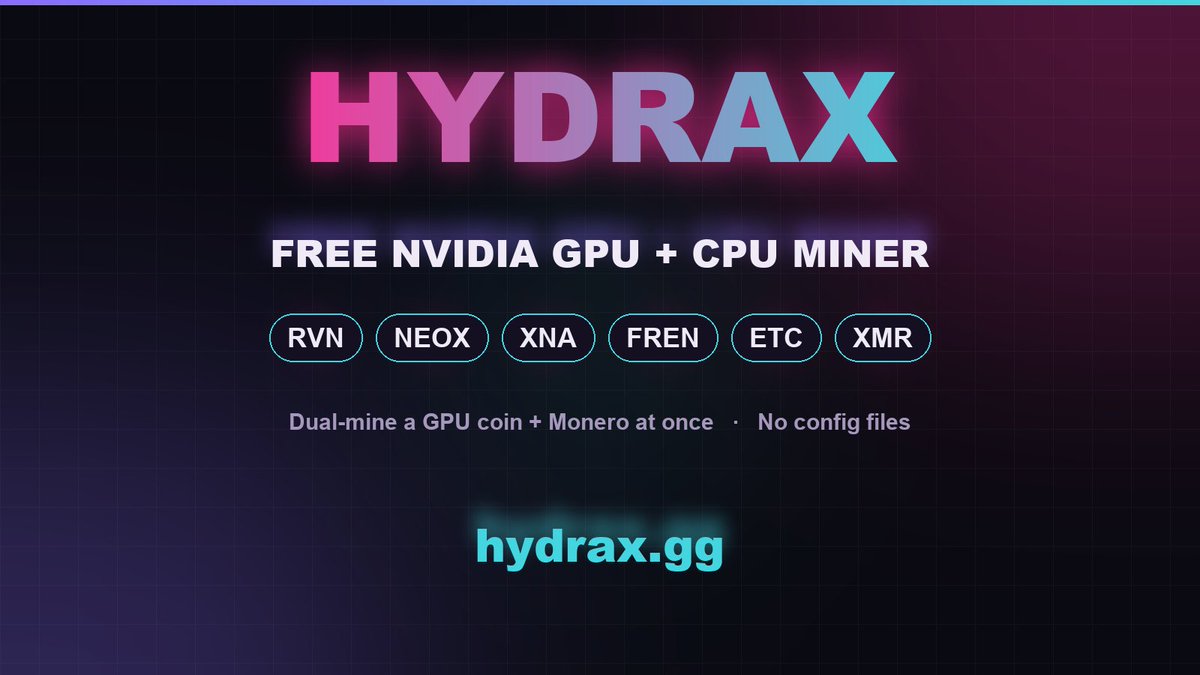 Bigghurt's tweet photo. ⛏️ HydraX — a free NVIDIA GPU + CPU miner.

Now mining more coins:
🔹 Ravencoin (RVN) · @Ravencoin
🔹 Neoxa (NEOX) · @NeoxaNet 
🔹 Neurai (XNA) · @neuraiproject 
🔹 Frencoin (FREN)
🔹 Ethereum Classic (ETC)
🔹 Monero (XMR) — on your CPU

✅ Dual-mine a GPU coin + Monero at the same time, one app
✅ No config files — edit a .bat, paste your wallet, run
✅ Our own code + CUDA kernels (cleanroom, not a fork)
✅ Built-in watchdog + live hashrate / power / temps

Free download 👉 https://t.co/DtI2j8HFbD

#GPUmining #cryptomining #Ravencoin #Monero