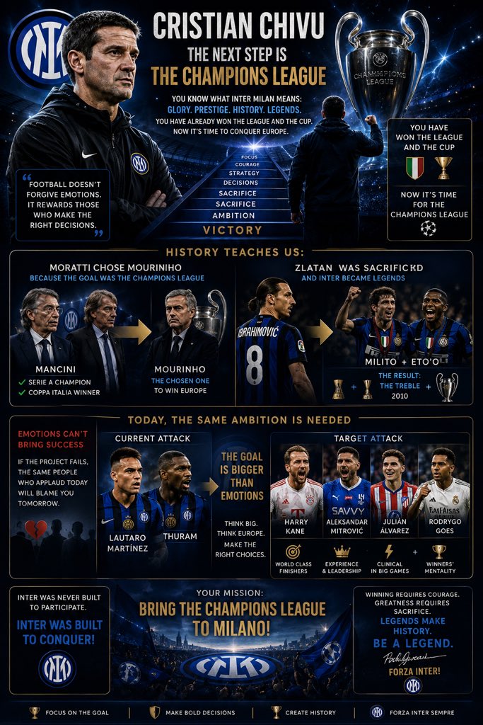 adviser_inter's tweet photo. Dear Cristian Chivu,

You know better than anyone what Inter Milan truly means. This club is not just a football team; it is history, prestige, greatness, and the home of legends.

As a player, you experienced glory wearing the Nerazzurri shirt. As a coach, you have already achieved success, but now a greater challenge stands before you: the UEFA Champions League.

Champions League triumph requires difficult decisions. Sometimes emotions must be separated from football realities. The history of Inter teaches us that courage in decision-making often creates greatness.

Massimo Moratti respected Roberto Mancini and appreciated everything he achieved in Serie A and the Coppa Italia, yet he wanted the ultimate prize. He brought José Mourinho because the goal was Europe.

Inter also made brave choices in the past. Zlatan Ibrahimović was sacrificed, and Diego Milito and Samuel Eto’o arrived. The result was the greatest season in the club’s history.

Today, you must think with the same ambition. Ask yourself what gives Inter the best chance to conquer Europe. Elite goalscorers change destinies. Players such as Harry Kane or Aleksandar Mitrović provide a different level of attacking presence, experience, leadership, and ruthlessness in front of goal.

Do not allow sentiment alone to guide the project. Football is unforgiving. If the project fails, the same people who praise loyalty today will place the responsibility on your shoulders tomorrow.

Think like a champion. Think like a winner. Think about the Champions League.

Inter was not built to participate.
Inter was built to conquer.

Forza Inter.
