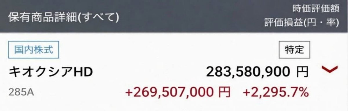 yuki_07260505's tweet photo. 1年間保有していたキオクシア（285A）株を全て売却しました。
1年前に3,540円で1,500株買いました。
当時は「正気？」と言われながらも、ひたすら買い続け、
つい昨日、株価は77,500円に達した。
迷わず全額売却しました！
そして今——また見つけました。
あの時のキオクシアにそっくりな超低位株です。 https://t.co/6kexVQeXCG