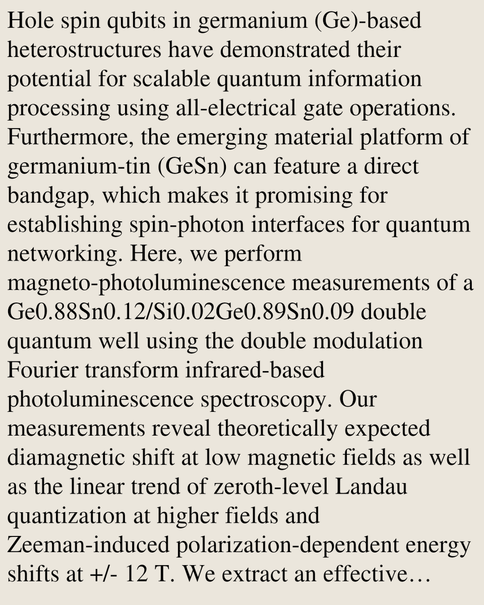 QuantumPapers's tweet photo. Magneto-optical characterization of GeSn and GeSn/SiGeSn heterostructures

Mehdi Ashrafganjoie, Kelvin Dsouza, Prithu Bhatnagar, Khalid Hossain, Mangal Dhoubhadel, Preston Webster, Simone Assali, …
https://t.co/tX29W5vsgt [𝚚𝚞𝚊𝚗𝚝-𝚙𝚑 𝚌𝚘𝚗𝚍-𝚖𝚊𝚝.𝚘𝚝𝚑𝚎𝚛] https://t.co/RyNyz6y2IA