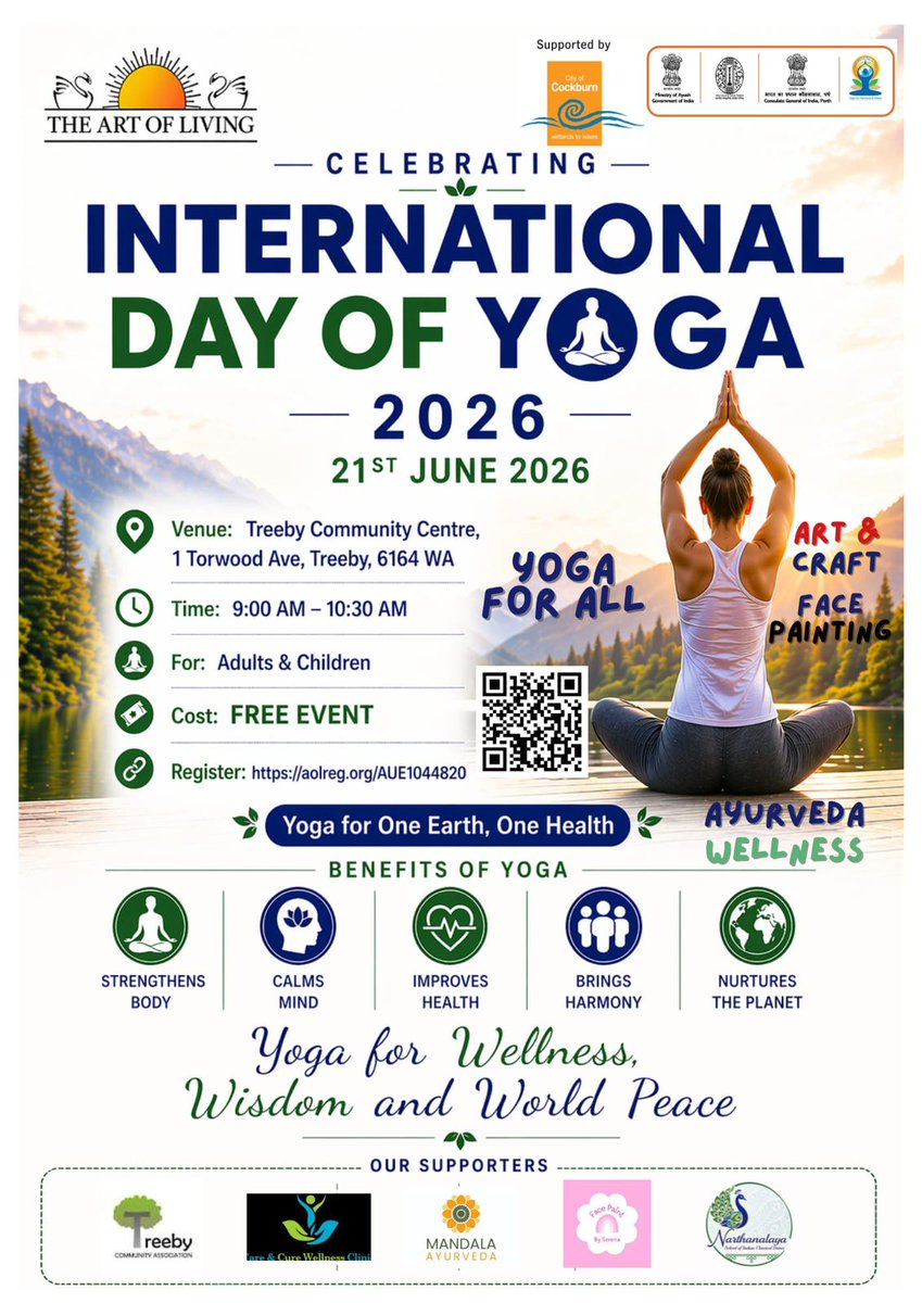 CGIPerth's tweet photo. 🌍🧘 Celebrate #InternationalDayofYoga 2026🧘🌍

Join us for a joyful morning of yoga, wellness, community connection as we celebrate International Day of Yoga 2026 with The Art of Living

✨ Experience the benefits of yoga for body, mind, and spirit
🌿 Discover Ayurveda and holistic wellness practices
🎨 Enjoy art & craft activities and face painting for children

📅 Sunday, 21 June 2026
⏰ 9:00 AM – 10:30 AM
📍 Treeby Community Centre