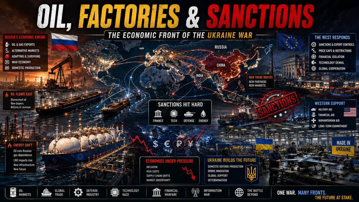 what_nameNow's tweet photo. 1/5 🛢️🏭🌍 #UkraineWar #Geopolitics

Many expected sanctions to cripple Russia quickly.

Instead, the economic battle became a global chess match involving oil, factories, shipping routes, and industrial capacity.

The war is being fought far beyond the front lines. https://t.co/RHObtXSP5K