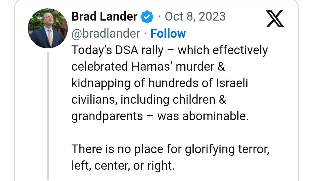 BPolatseck's tweet photo. This is what @bradlander had to say about the rally a day after the October 7th attack in 2023. 

Yesterday he recorded a campaign ad with the women who led that rally. https://t.co/wW8rYXDBWL