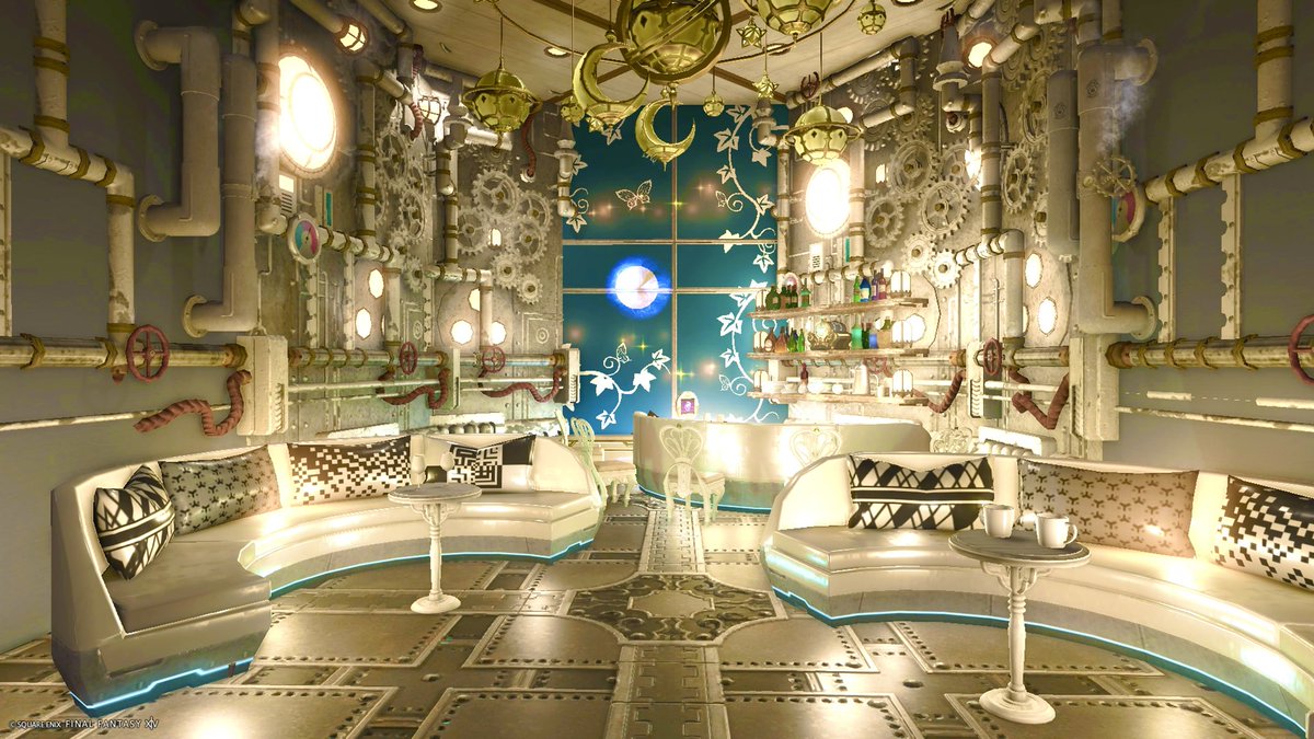 jenga_ink's tweet photo. ホワイト・スチームパンクなカフェ&amp;バー✨
いずれ消滅する地球を眺めながら…

🏠ElementalDC Gungnil Mist28 Topmast Room12

#FF14ハウジング https://t.co/UEofNDU2Ua