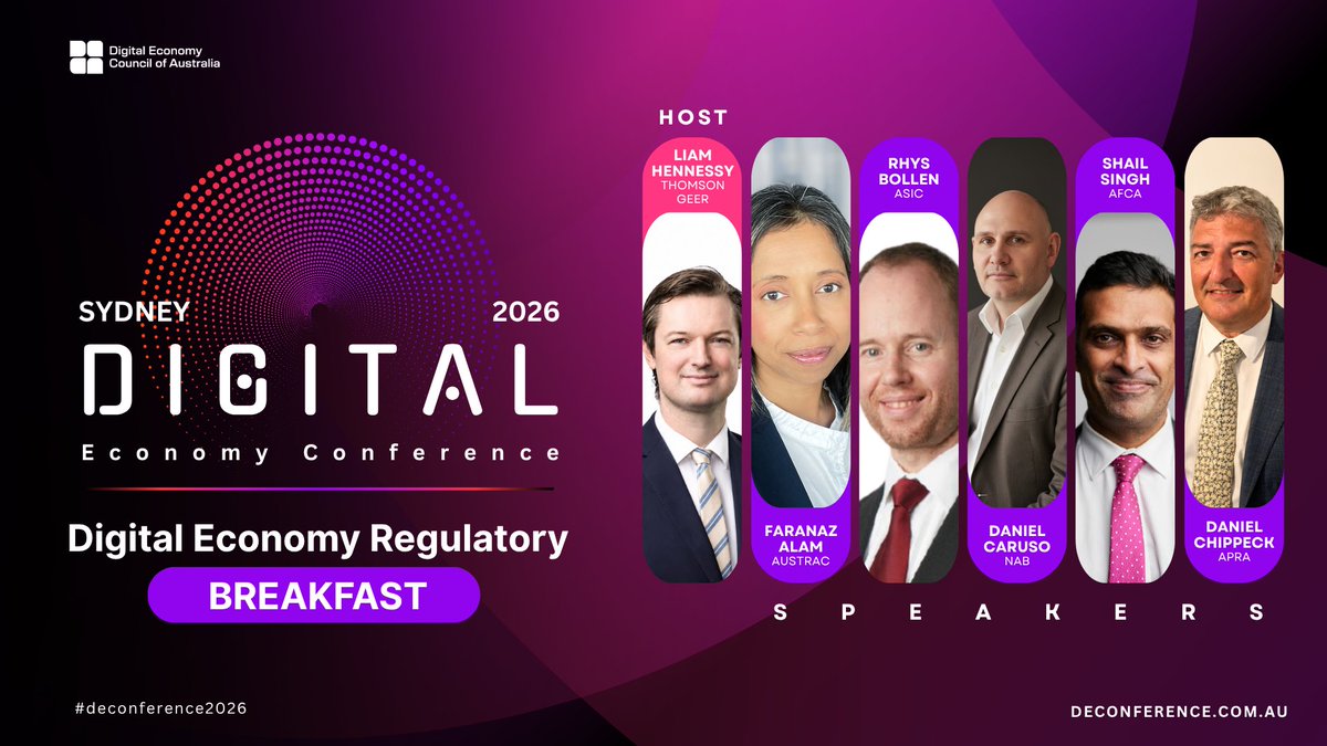 DECAustralia's tweet photo. We are thrilled to announce the Digital Economy Regulatory Breakfast taking place on Day 1 of the Australian Digital Economy Conference 2026! ☕️ Hosted by Liam Hennessy (Partner &amp; Head of FSR / Digital Assets, Thomson Geer), Register now: https://t.co/8TFwm777qU https://t.co/RMxWhgC44P