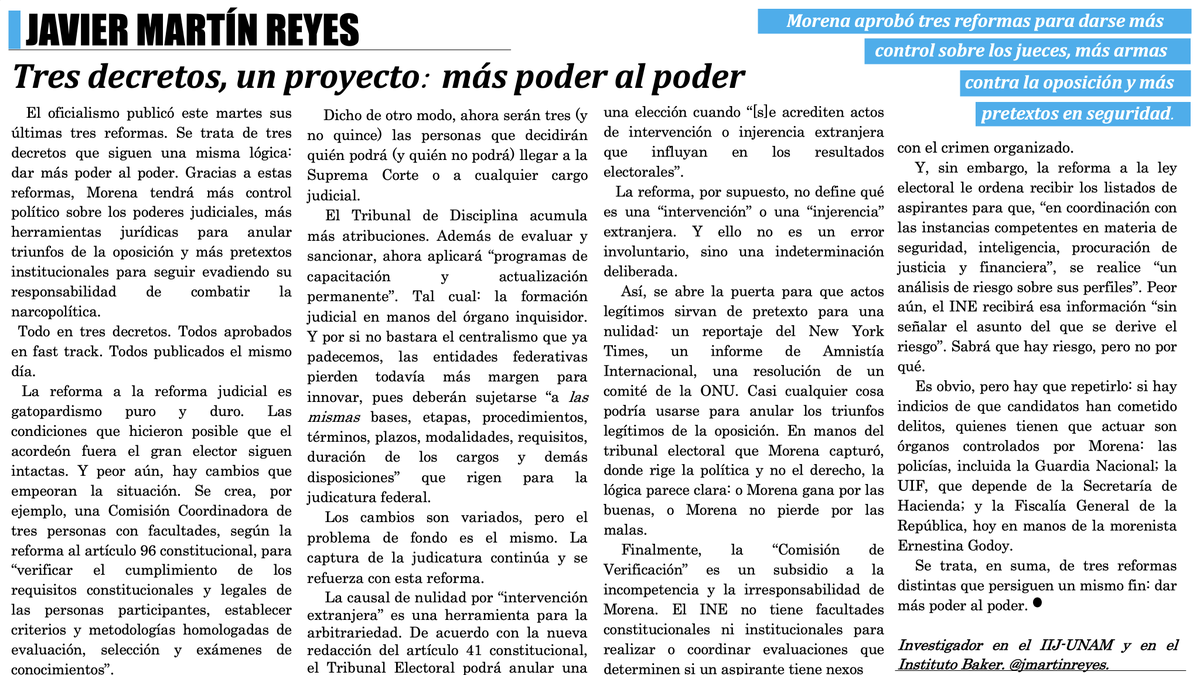 jmartinreyes's tweet photo. Tres decretos, un solo proyecto: más poder al poder.

Esta semana, Morena se dio más control sobre los jueces, más armas contra la oposición y más pretextos en materia de seguridad. 

Mi columna de hoy en @El_Universal_Mx: 🔻

📲 https://t.co/YwDa6Xann1 https://t.co/C6UYkRS47G