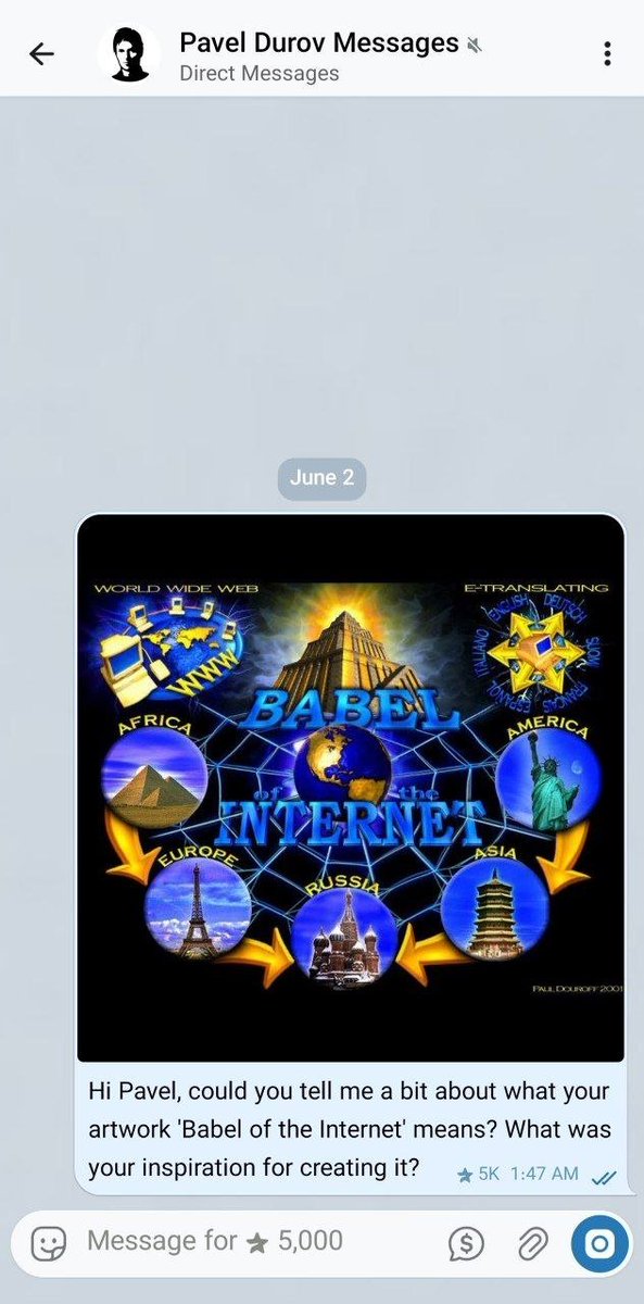 DurovsBabel's tweet photo. Pavel Durov has read the message we sent asking him about Babel of the Internet

Would be pretty cool if he decided to immortalize his first ever creation as an NFT on the TON network forever! https://t.co/i72c93ooZH