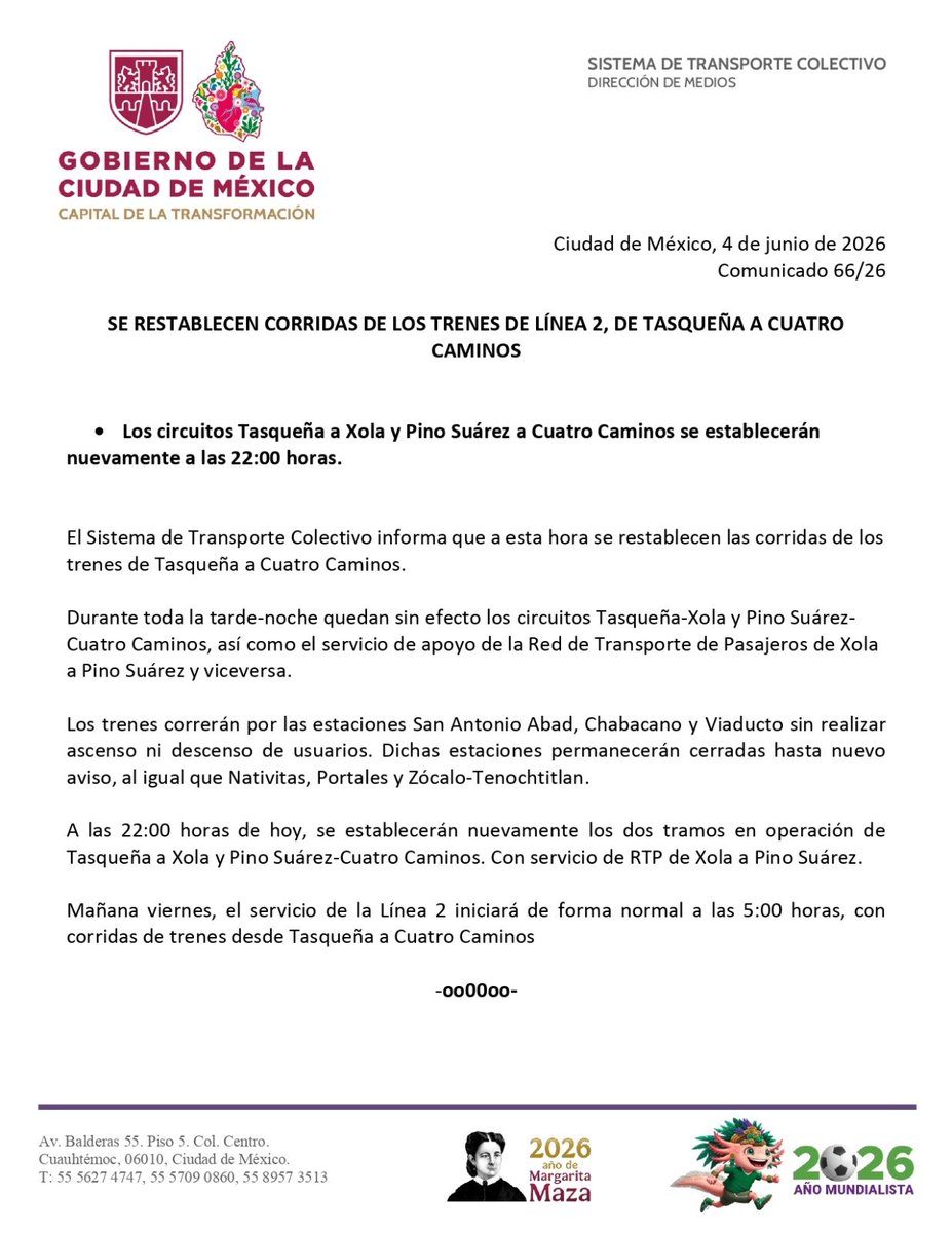 MetroCDMX's tweet photo. Se restablecen corridas de los trenes de Línea 2, de Tasqueña a Cuatro Caminos. https://t.co/DiAztT7WqT