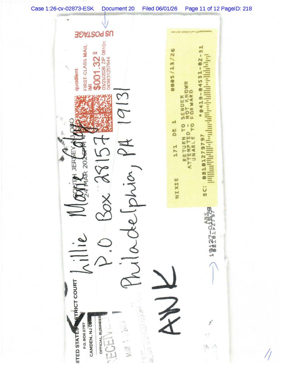 FCLU_Phila's tweet photo. Camden District Judge puts administrative close on Coley and Rymir's case for "return to sender" label that is questionable since Coley shows she received her mail at both addresses. However, Zip codes conflict in court version. @GOPoversight @diddydocket @RymirIsHere @WSJ @job https://t.co/kut36lPTnQ