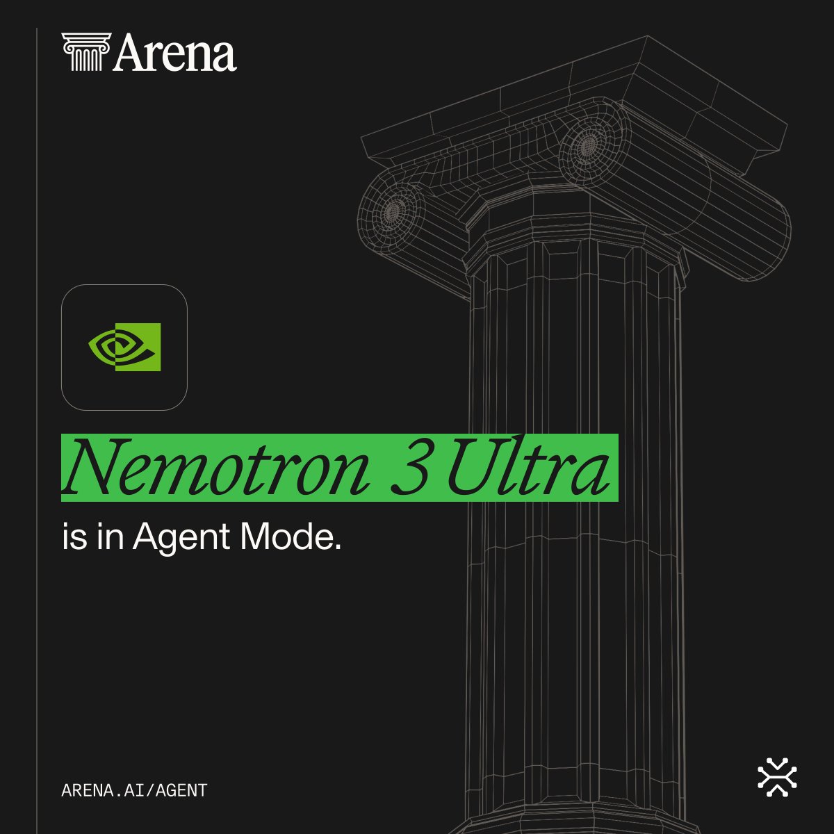 arena's tweet photo. Nemotron 3 Ultra has been added to the new Agent Mode! 

This latest model from @NVIDIA and other top frontier models are ready for your complex, multi-step tasks. Your sessions will help shape the new Agent Arena leaderboard. https://t.co/532FH1qqm6