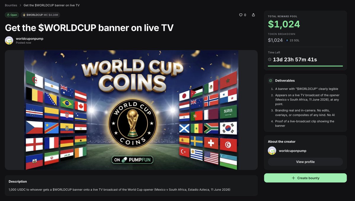 WorldCupOnPump's tweet photo. Our first ever @Pumpfun bounty is LIVE 🏆 

15 SOL to whoever gets a solana:33eum82LaAhtv5YkUq1BdwEviSErH5CnFxqVNLT5pump banner on live TV during the World Cup opener: 
Mexico v South Africa - 11 June

https://t.co/FIvXQfcORk https://t.co/wVGY9L9PDb