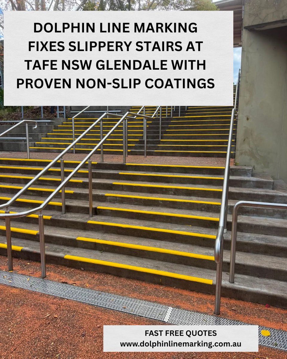 DolphinGroupNew's tweet photo. DOLPHIN LINE MARKING REDUCES SLIP RISKS WITH NON-SLIP STAIR COATINGS AT TAFE NSW GLENDALE
Dolphin fixed it at TAFE NSW Glendale with non-slip coatings
✅ Safer access
 ✅High durability
 ✅Instant impact
Don’t wait for an incident
 📩admin@thedolphingroup.com.au
#Safety #NonSlip https://t.co/vjuCex1gpK