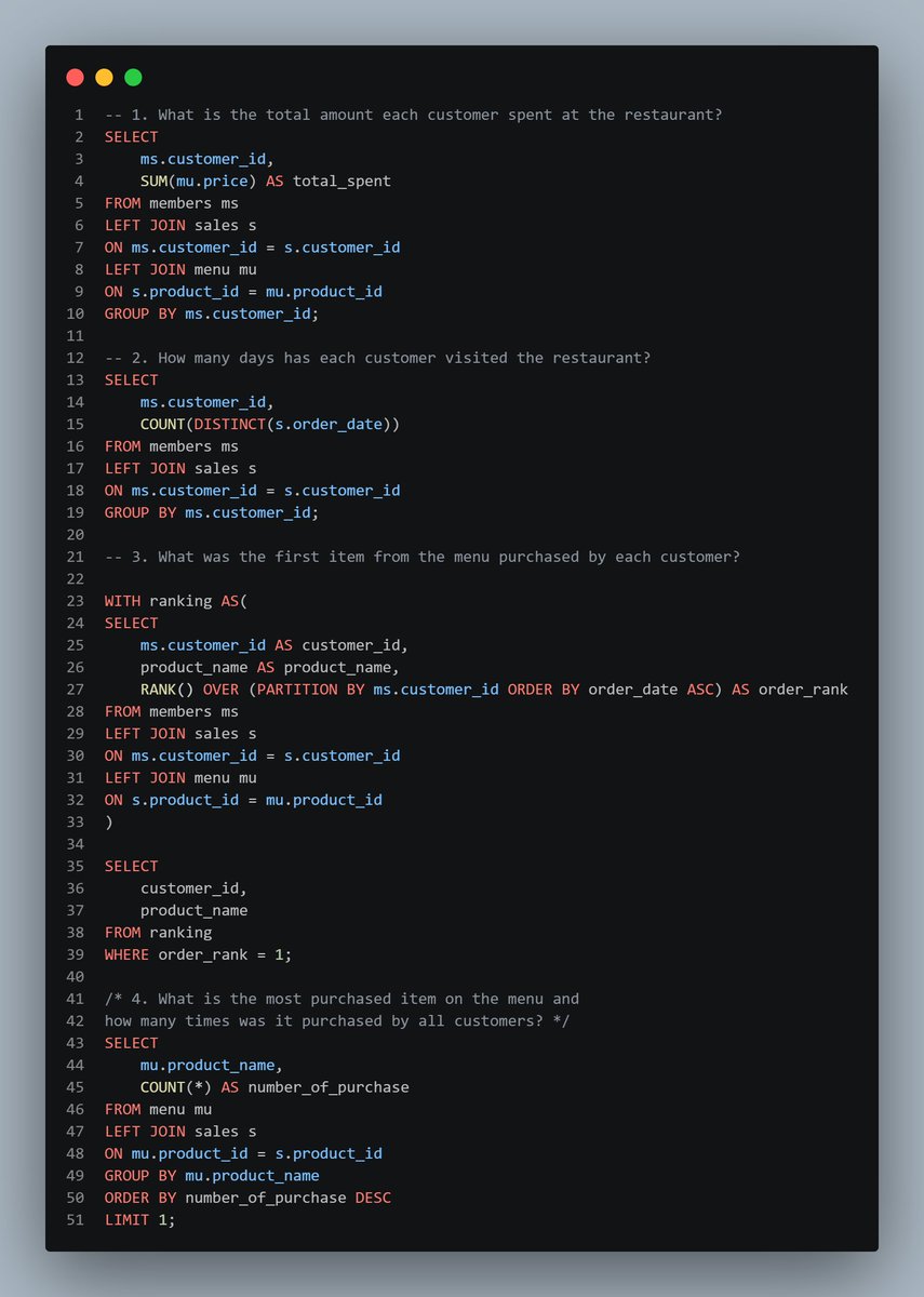 tidalyst's tweet photo. Completed Case Study #1: Danny's Diner from the 8 Week SQL Challenge by 𝐃𝐚𝐭𝐚 𝐖𝐢𝐭𝐡 𝐃𝐚𝐧𝐧𝐲

Solved business questions with PostgreSQL using joins, CTEs, aggregations, CASE statements, and window functions.

#SQL #PostgreSQL #DataAnalytics #8WeekSQLChallenge https://t.co/cPZmZkYNgv