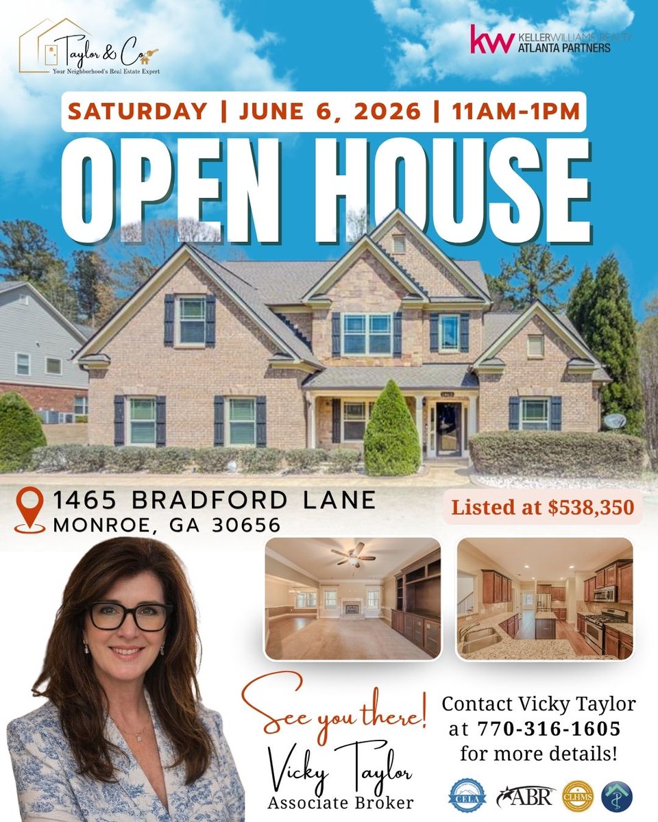VTaylorRealtor's tweet photo. 🏡 OPEN HOUSE THIS SATURDAY 🏡
Come tour this beautiful property and discover all it has to offer! 
📅 Saturday, June 6
⏰ 11:00AM – 1:00PM
📍 1465 Bradford Lane, Monroe, GA
Stop by and see if this could be your next home!
📞 Contact Vicky Taylor at 770-316-1605 for more details https://t.co/NlIA8nUPyF