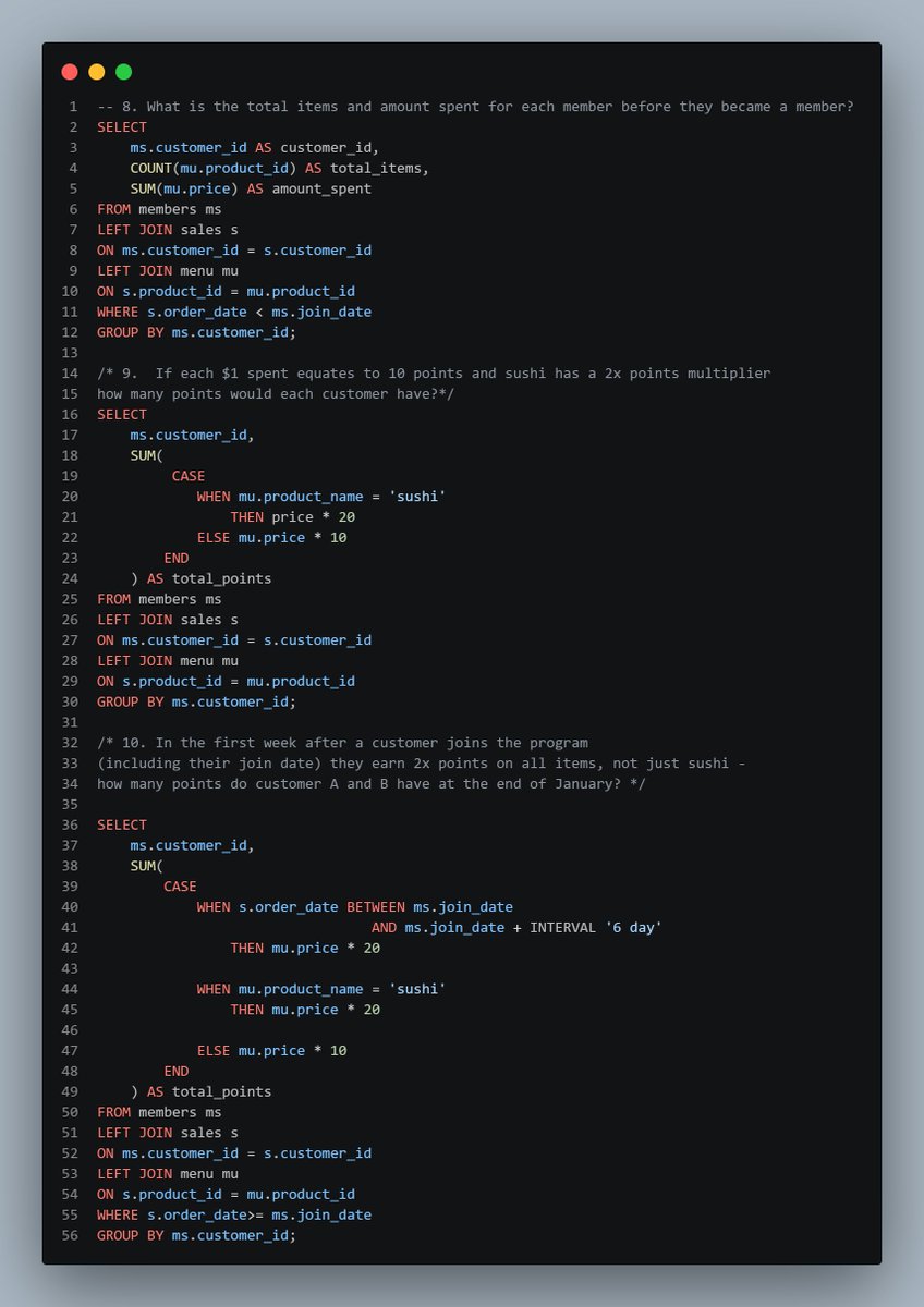 tidalyst's tweet photo. Completed Case Study #1: Danny's Diner from the 8 Week SQL Challenge by 𝐃𝐚𝐭𝐚 𝐖𝐢𝐭𝐡 𝐃𝐚𝐧𝐧𝐲

Solved business questions with PostgreSQL using joins, CTEs, aggregations, CASE statements, and window functions.

#SQL #PostgreSQL #DataAnalytics #8WeekSQLChallenge https://t.co/cPZmZkYNgv