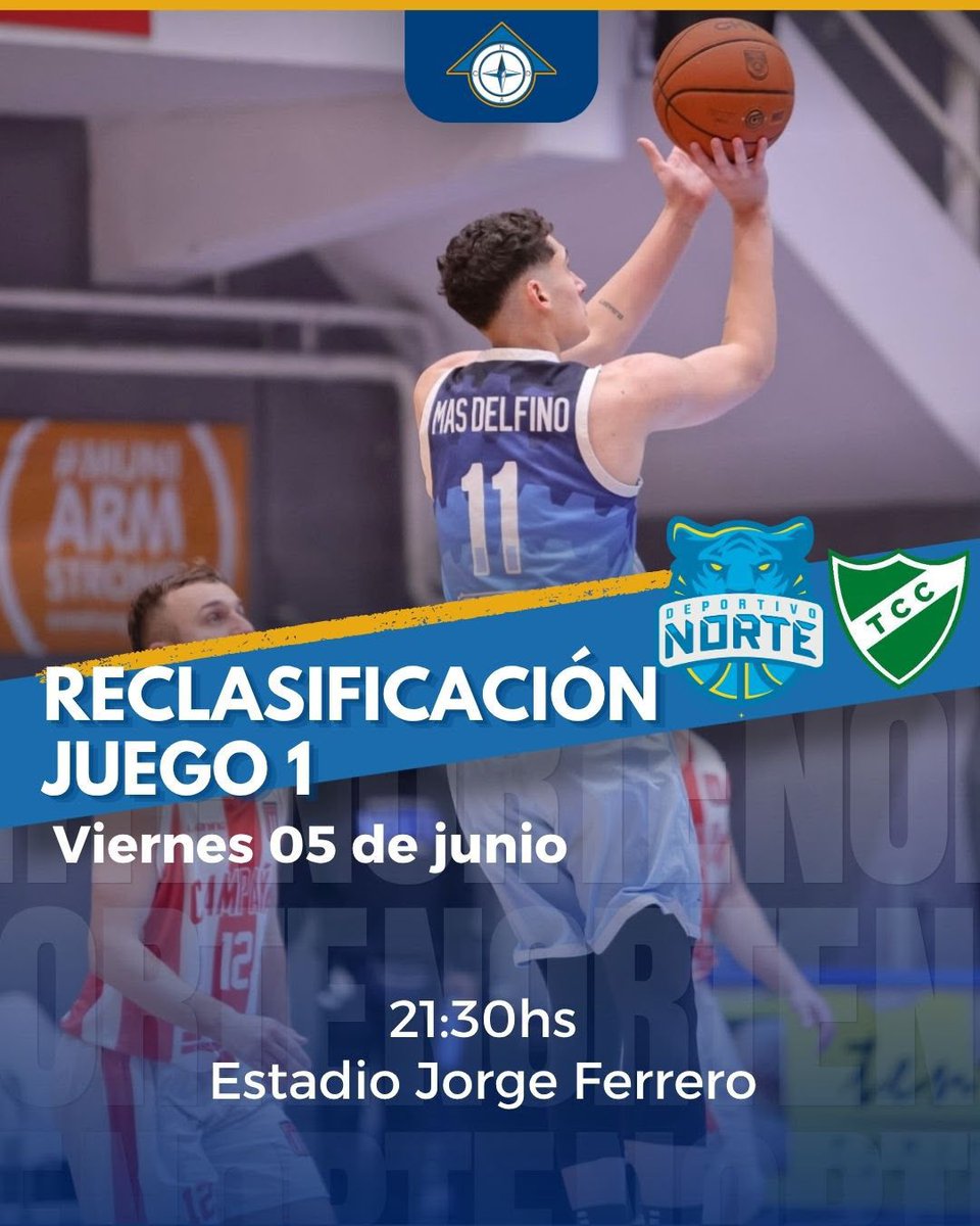 CADNORTE's tweet photo. COMIENZAN LOS PLAY OFF!

🏀 Asoc Cañadense de Básquet - Reclasificación - Juego 1
🗓️ Viernes 5 - 21.30hs
🗺️ Estadio Jorge Ferrero 
🆚 Tenis C. C.

#VamosNorte https://t.co/wtQjpQtR7z