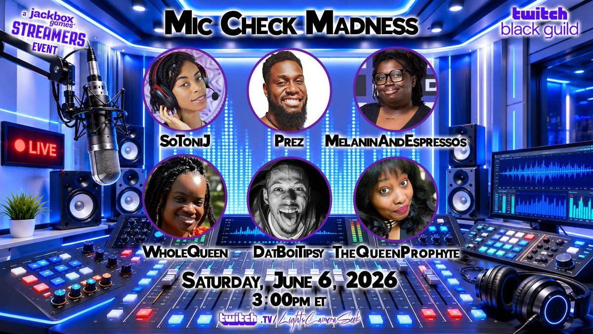 LightsCamSeek's tweet photo. Hey y'all. Got some different kinds of news today (some great, some to navigate). No stream today. BUT this Saturday excited to be sharing space with these beautiful creators. I hope you will stop by to support them. Their voices will carry in this Mic Check Madness https://t.co/qigEK47Yam