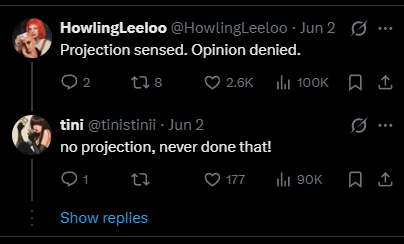 SluttyMudd's tweet photo. @natsmocha Except none of the replies or other posts are getting literally any traction on her side. Yet his comments are getting a ton of engagement. It's very easy to spot botting.

I mean both their posts seem like trolling, but at least he's honest about it. https://t.co/rOI0bO2vmD