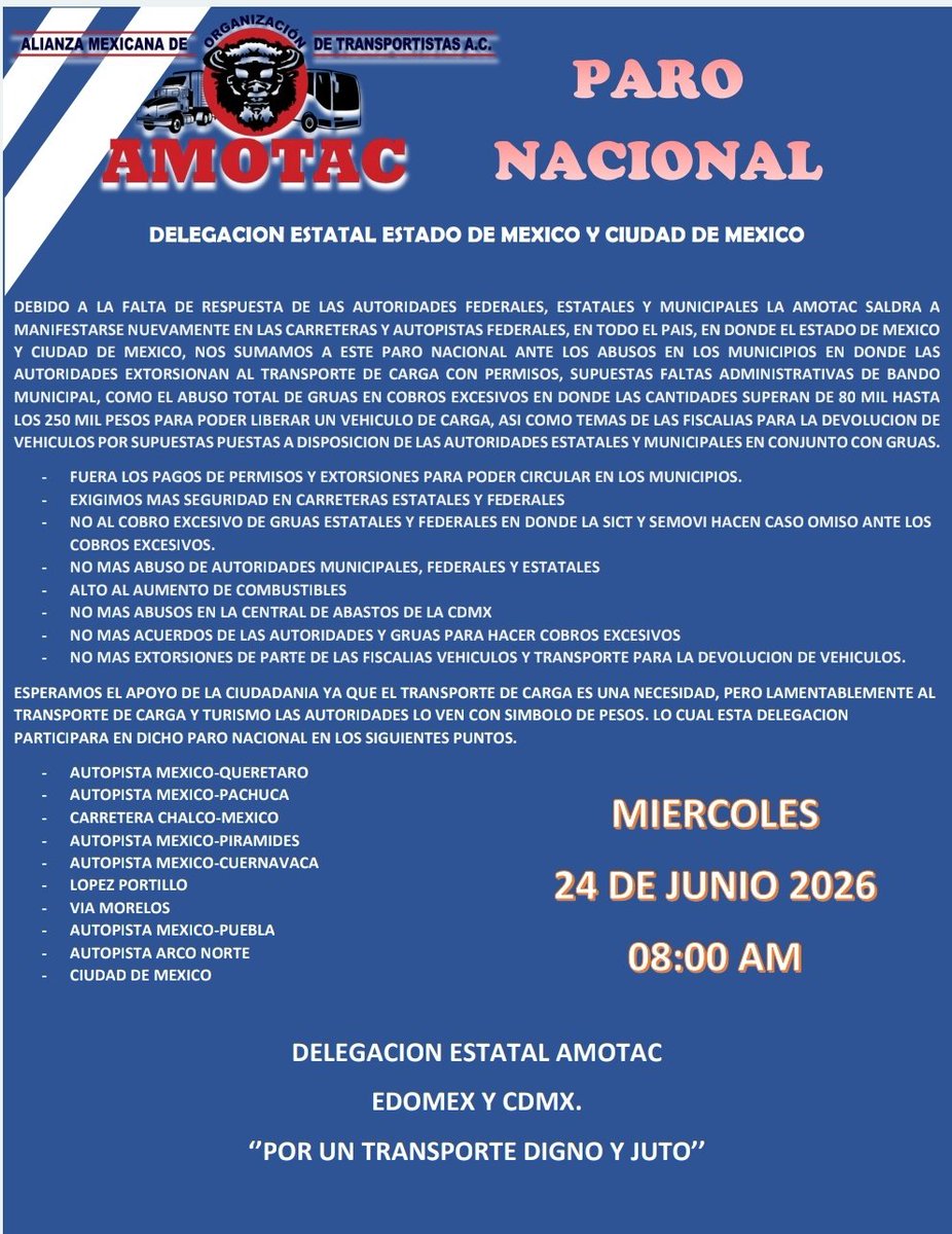 MonitoresMultim's tweet photo. 🚨⚠️ MEGABLOQUEO ASI LO ANUNCIA  LA @NeriSantiago15 #AMOTAC ⚠️🚨
El  #ParoNacional de transportistas esta previsto para el próximo 24 de junio, con bloqueos previstos en importantes carreteras y vialidades del país.
📍 Vías afectadas:
🔴 México-Querétaro
🔴 México-Pachuca
🔴 Chalco-México
🔴 México-Pirámides
🔴 México-Cuernavaca
🔴 México-Puebla
🔴 Arco Norte
🔴 Av. José López Portillo
🔴 Vía Morelos
🔴 Puntos por definir en la CDMX
⏰ Si tienes previsto viajar o trasladarte ese día, toma precauciones, anticipa tus salidas y considera rutas alternas para evitar contratiempos.
🚗💨 Comparte esta información y mantente atento a los reportes viales en tiempo real.
#ÚltimaHora #Tráfico #Bloqueos #CDMX #Edomex #AMOTAC