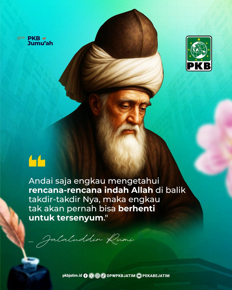 dpwpkbjatim_'s tweet photo. {{ PKB of Jumu’ah }}

“Andai saja engkau mengetahui rencana-rencana indah Allah dibalik takdir-takdir Nya, maka engkau tak akan pernah bisa berhenti tersenyum.”

(Jalaluddin Rumi)

#PKBofJumuah #PKB #PKBJatim #DPWPKBJatim #Jatim https://t.co/yjLflX83kN