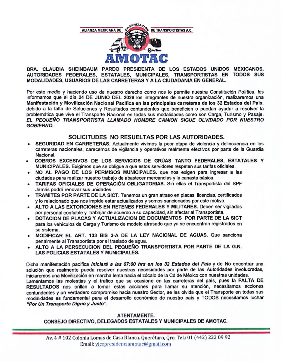 MonitoresMultim's tweet photo. 🚨⚠️ MEGABLOQUEO ASI LO ANUNCIA  LA @NeriSantiago15 #AMOTAC ⚠️🚨
El  #ParoNacional de transportistas esta previsto para el próximo 24 de junio, con bloqueos previstos en importantes carreteras y vialidades del país.
📍 Vías afectadas:
🔴 México-Querétaro
🔴 México-Pachuca
🔴 Chalco-México
🔴 México-Pirámides
🔴 México-Cuernavaca
🔴 México-Puebla
🔴 Arco Norte
🔴 Av. José López Portillo
🔴 Vía Morelos
🔴 Puntos por definir en la CDMX
⏰ Si tienes previsto viajar o trasladarte ese día, toma precauciones, anticipa tus salidas y considera rutas alternas para evitar contratiempos.
🚗💨 Comparte esta información y mantente atento a los reportes viales en tiempo real.
#ÚltimaHora #Tráfico #Bloqueos #CDMX #Edomex #AMOTAC