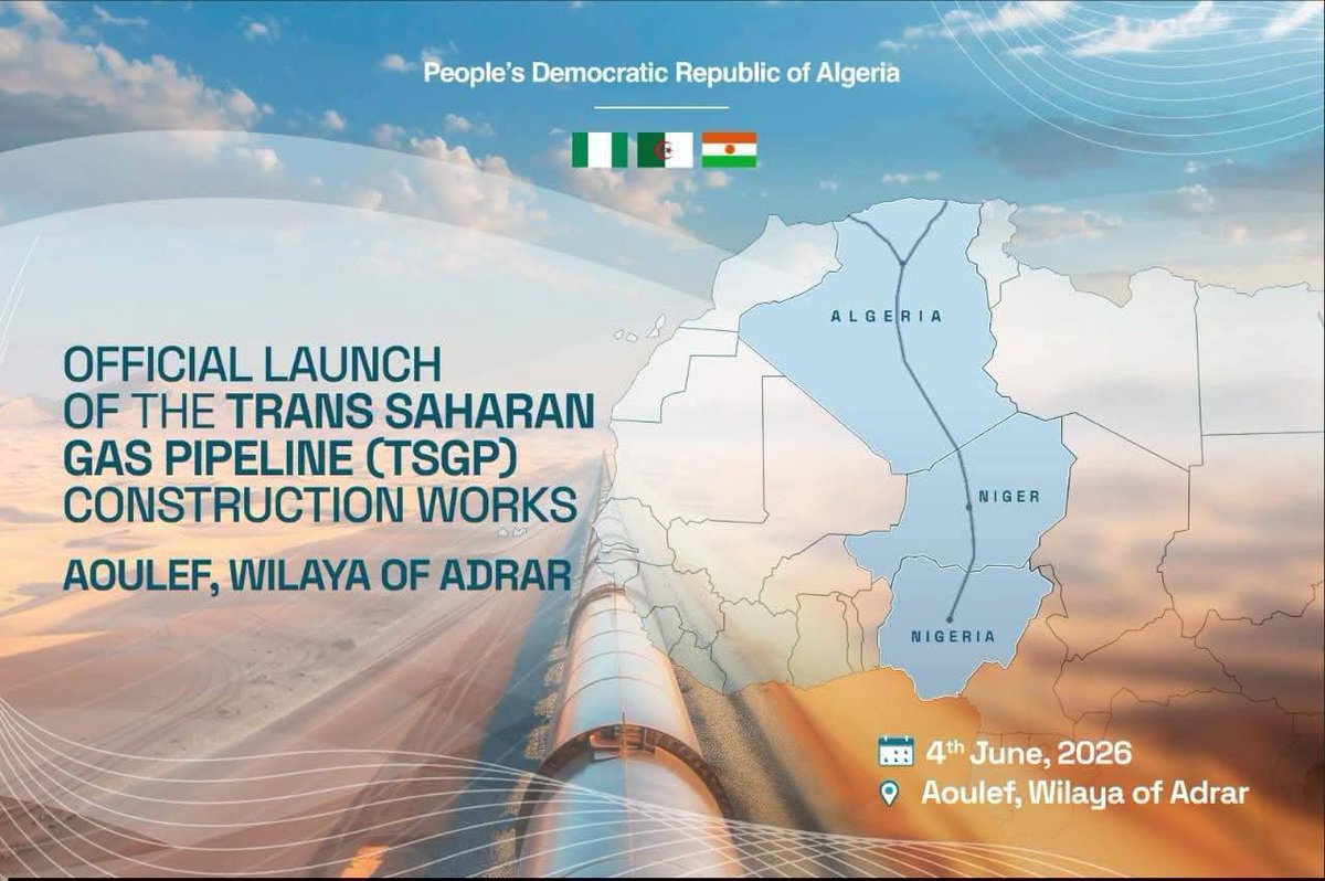AhmadouAtafa's tweet photo. #Algérie #Niger #Nigeria
L’Algérie a lancé ce 4 juin à N’Guezzam les travaux de son tronçon du gazoduc transsaharien (TSGP). Long d’environ 4.000 km, ce projet doit acheminer jusqu’à 30 milliards de m³ de gaz nigérian par an vers l’Europe via le Niger. #Gazoduc #Gaz #TSGP https://t.co/stYI6V8qQg