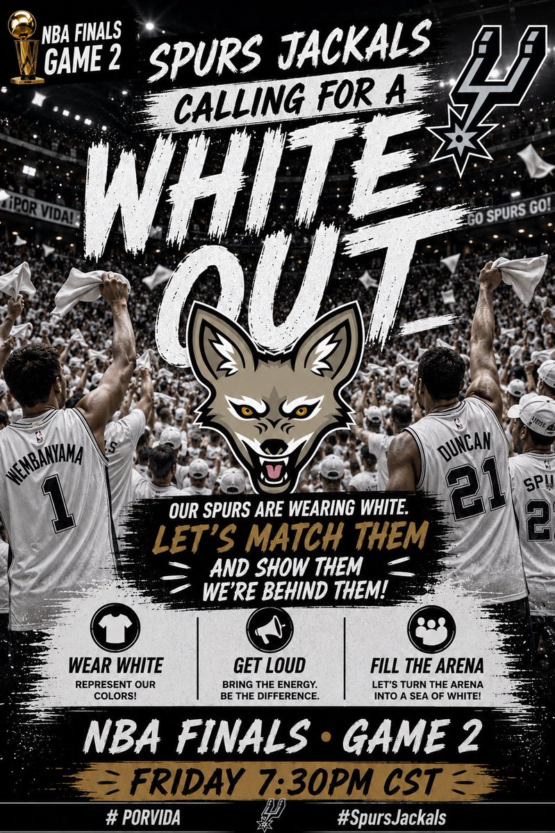 SpursJackals's tweet photo. SPURS FANS!!!
Join us in a FROST BANK CENTER WHITEOUT!! 
The boys are wearing white so we are too! Back our boys!! https://t.co/Kop4OmxOIn