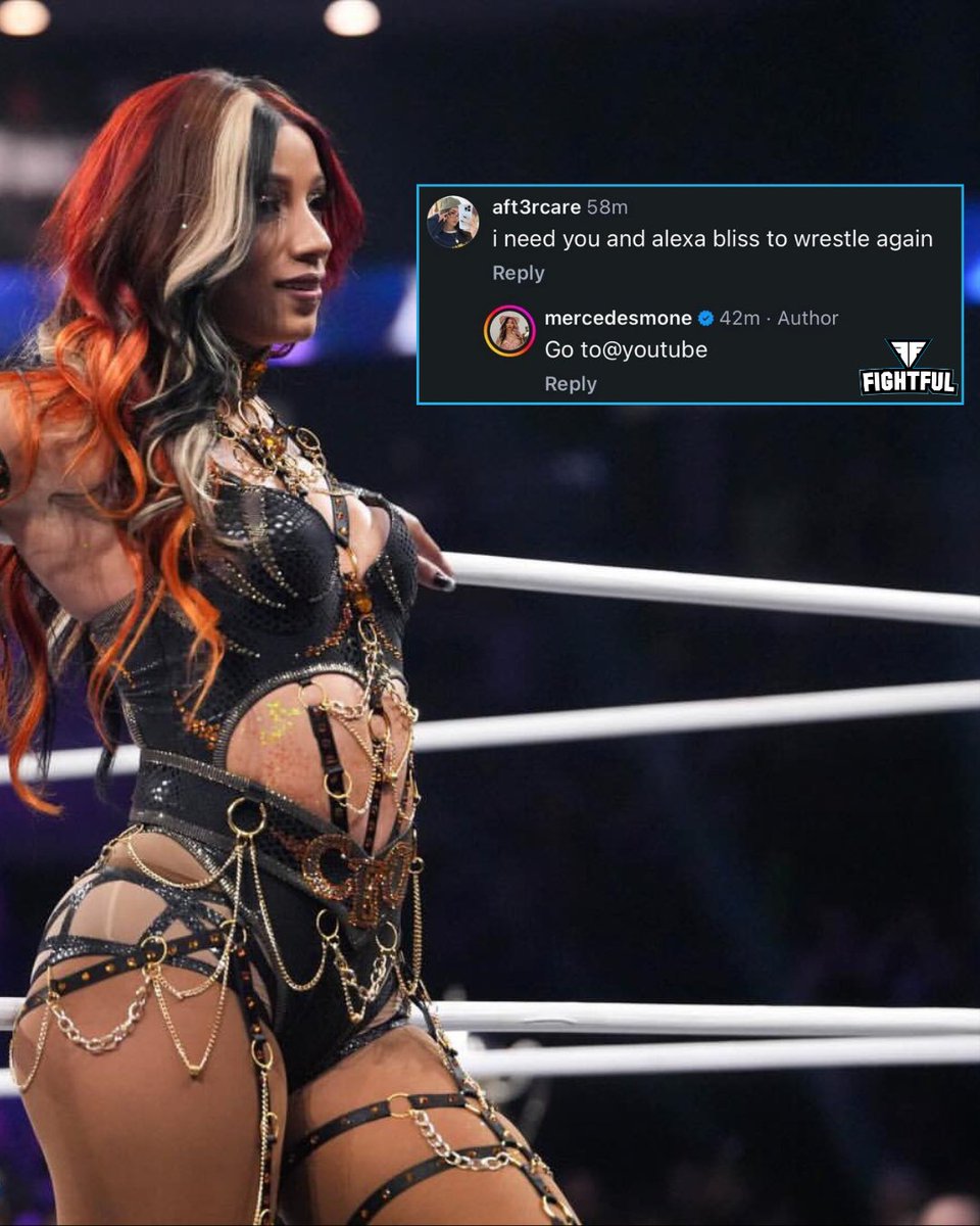 Fightful's tweet photo. Mercedes Mone responds to a fan that they need to see her wrestle Alexa Bliss 

😂 https://t.co/shU34x4GGy