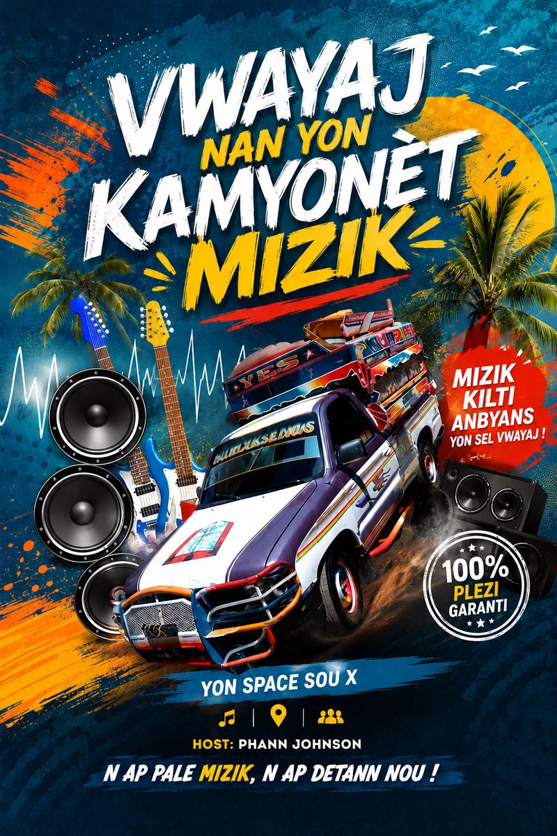 PhannJohnson2's tweet photo. Aprè yon jounen fatig
Yon bon ti vwayaj 
Pou w detann ou nan kamyonèt mizik
Vini pou w tande ak pale mizik ak nou
Pandan wap kite kamyonèt la mennen w ale… https://t.co/7ytK0qOCbA
