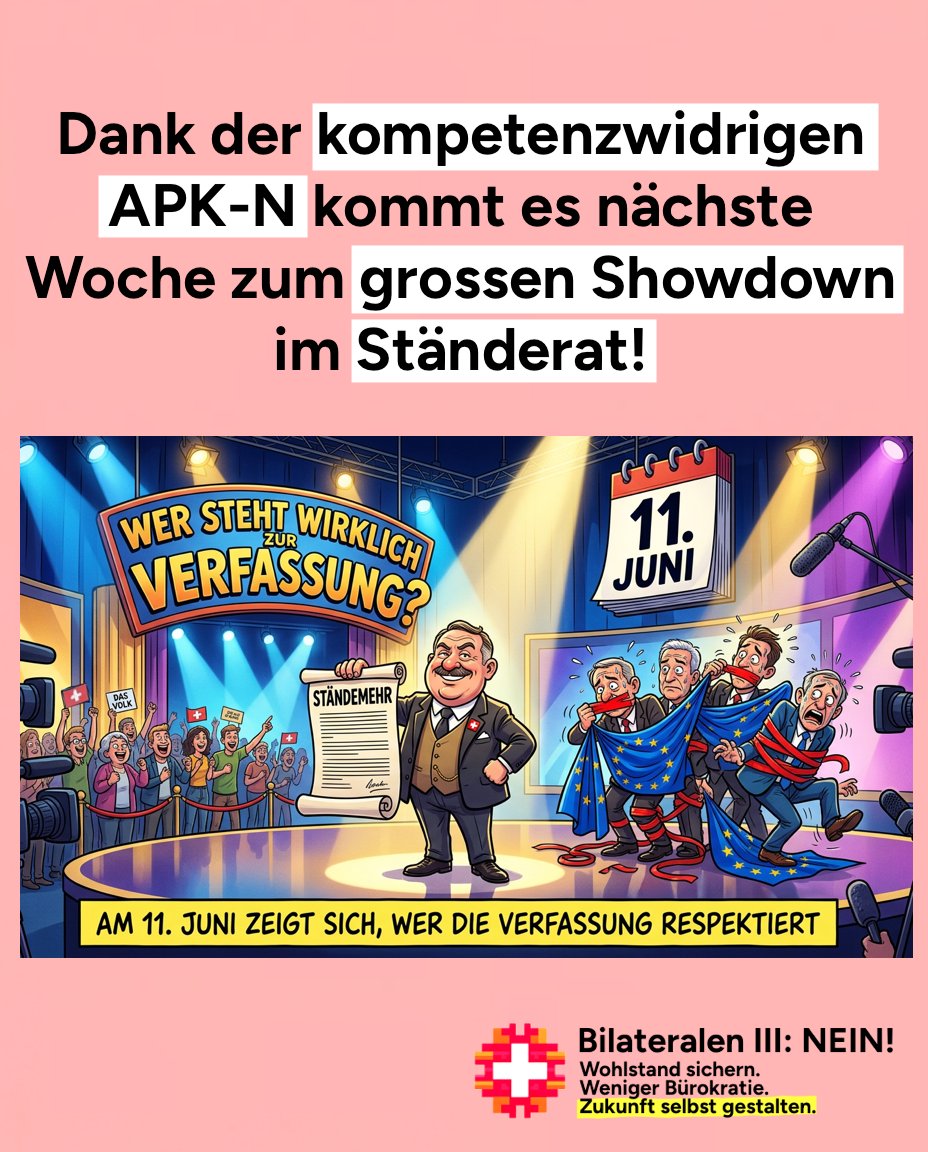 bilateralen's tweet photo. Showdown im Ständerat! 🛑 Die APK-N stimmt kompetenzwidrig gegen das Ständemehr und provoziert eine Krise für Eigeninteressen. Am 11. Juni entscheidet der Ständerat. Dort zeigt sich, wer wirklich zur Bundesverfassung steht! 🇨🇭 https://t.co/pNQNn3iDwz