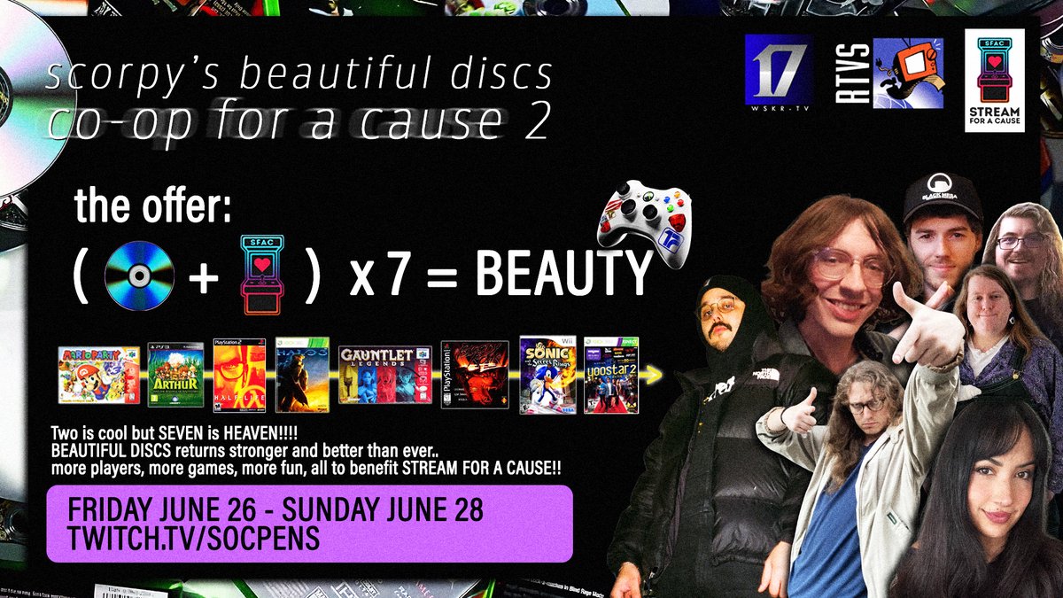 socpens's tweet photo. two is cool but SEVEN IS HEAVEN!!

it's time to return to discs with CO-OP FOR A CAUSE 2, a 3-DAY MULTIPLAYER MARATHON benefitting Stream for a Cause! let's kick off season 2 of beautiful discs with a BANG

June 26 to June 28
https://t.co/HZfNQZhPrg https://t.co/bdVv25MMml