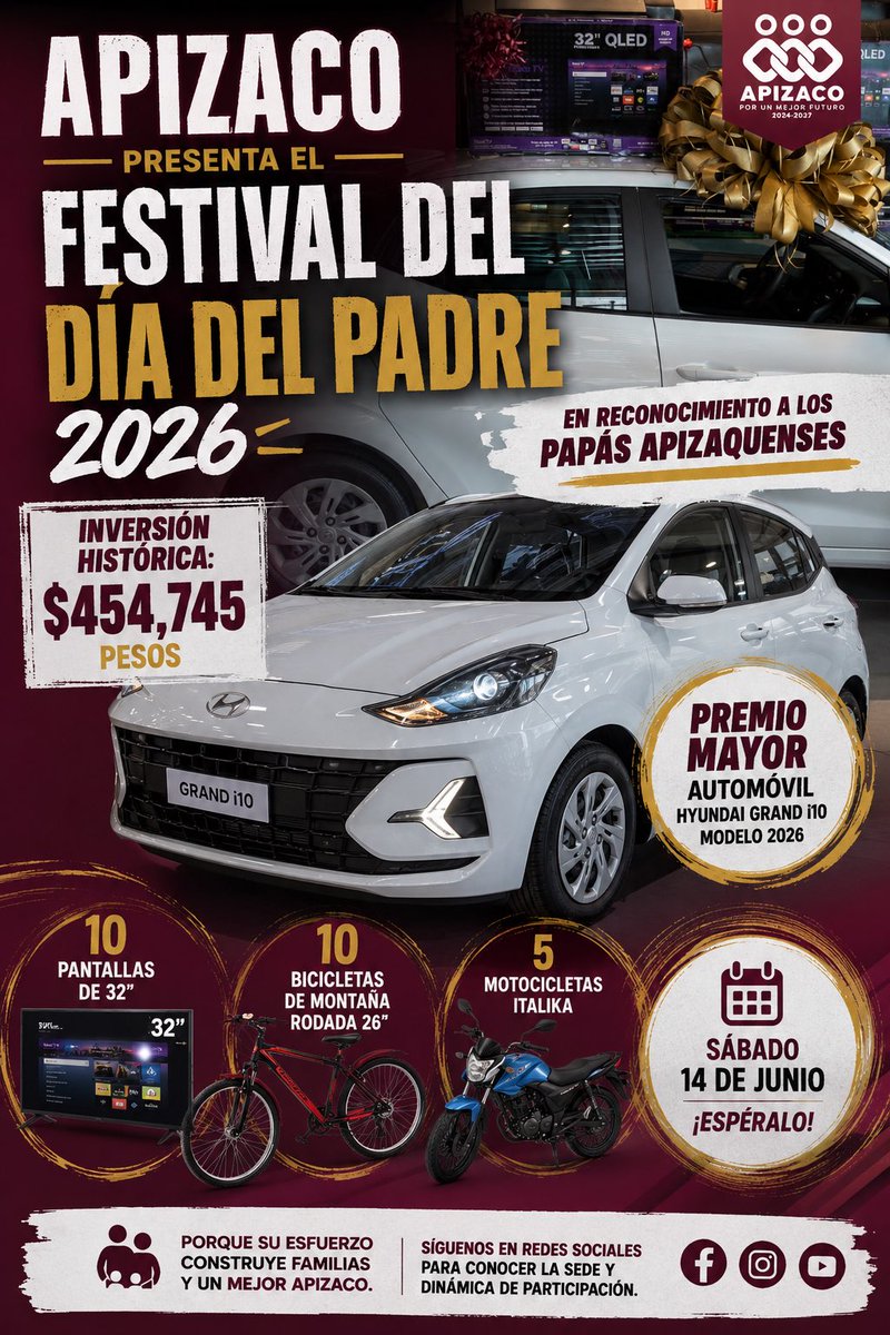 versustlx's tweet photo. 🚘🏍️📺 Apizaco anunció su Festival del Día del Padre 2026.

Entre los premios destacan:
✅ 1 Hyundai Grand i10 2026
✅ 5 motocicletas
✅ 10 bicicletas
✅ 10 pantallas

La inversión para el evento supera los 454 mil pesos.

📅 14 de junio.

#Apizaco #Tlaxcala https://t.co/UUCaDPY7HD