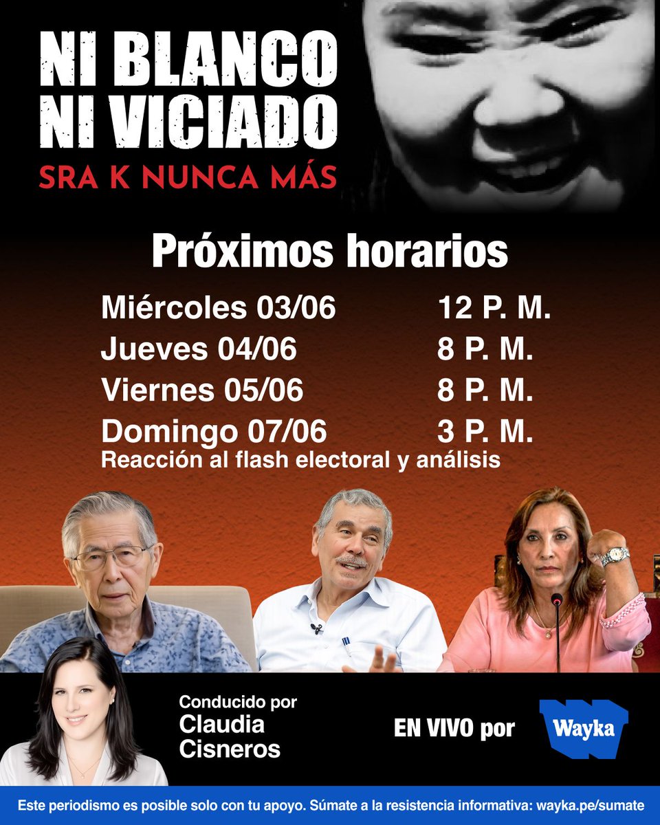 claudiacisneros's tweet photo. #HOY a las 8PM #NiBlancoNiViciado con novedades en CIFRAS  CANDENTES y lo último de la campaña, mítin de cierre de candidatxs. Además, nuestra querida y valiente Susana Baca #ENVIVO a través de todas las plataformas de @WaykaPeru. https://t.co/yqPH7JfKby