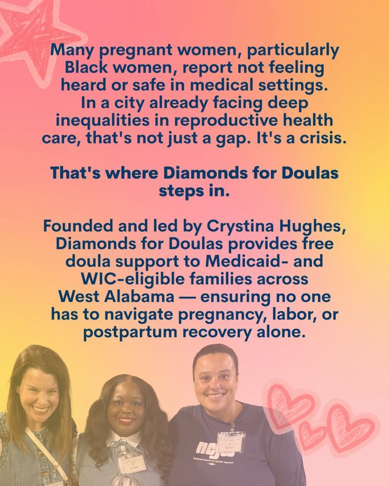 NCJW's tweet photo. We're spotlighting Jewish Fund for Abortion Access grantees — and this week, we’re recognizing Diamonds For Doulas, who provides free doula support to families in Tuscaloosa, Alabama 💎✨

Swipe through to learn more 👉 and visit https://t.co/TXpQGJlhfp https://t.co/AOyYXPsWle