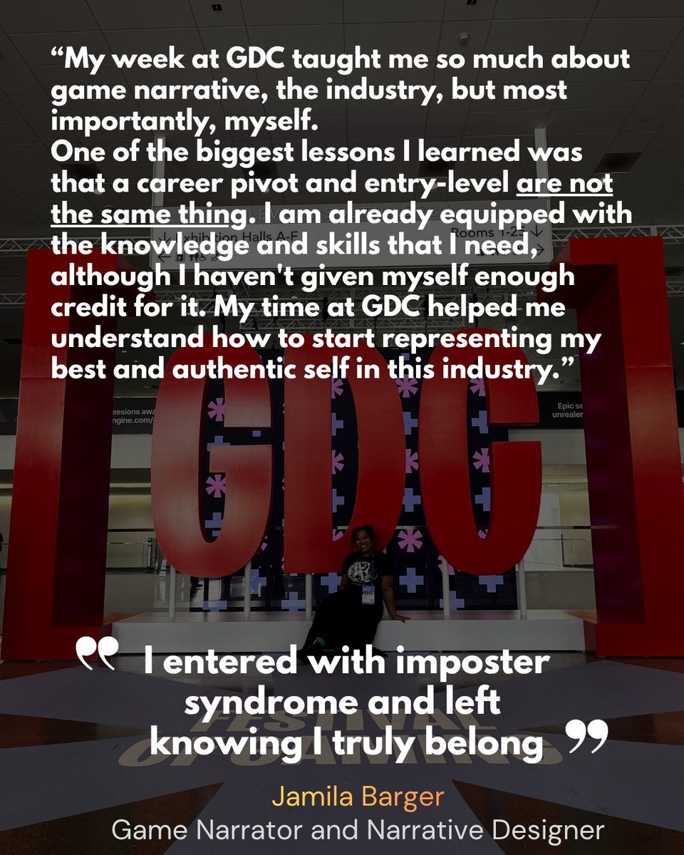 SeattleIndies's tweet photo. You belong.
Your voice and your skills matter more than you know.
GDC can be a community full of people who can help you realize you already have what it takes.
Take it from Jamila!

#GDCScholarImpact #GDC2026 https://t.co/pnJ34TiKKw