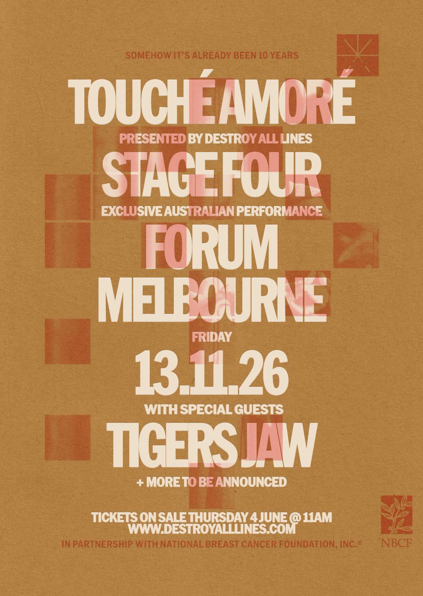 ToucheAmore's tweet photo. Tickets for our show in Melbourne on 13.11.26 with @tigersjaw are on sale now at https://t.co/lBLb3gUN16 https://t.co/1QHK4UkFle