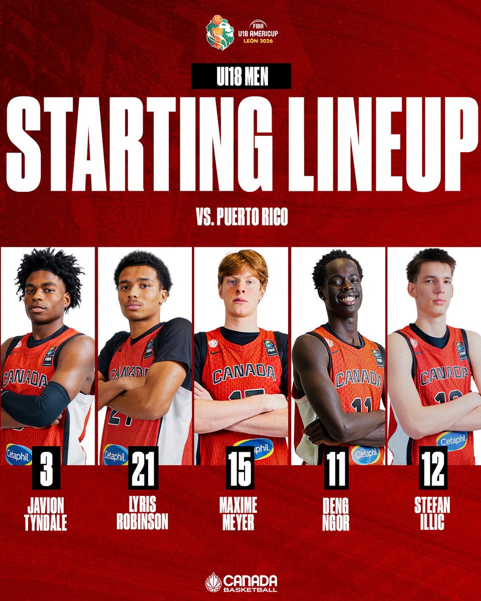 CanBball's tweet photo. Today’s starting lineup vs. Puerto Rico 🇵🇷

Live on YouTube ▶️

—

Alignement de départ aujourd’hui contre Porto Rico 🇵🇷

En direct sur YouTube ▶️

#U18Men https://t.co/MNvwtRomm7