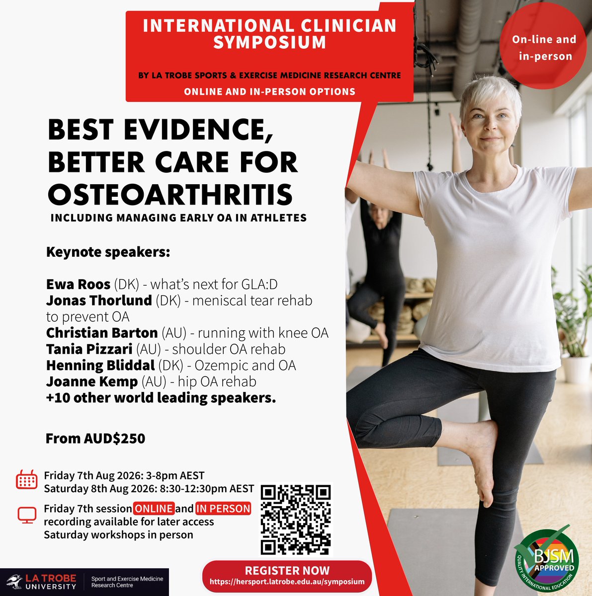BJSM_BMJ's tweet photo. 📢 #EventAnnouncement

Best Evidence, better care for osteoarthritis #LASEM26

Register now for early bird discount! https://t.co/GdrTlTOQln

📅 August 7-8, 2026
🕕 3 - 8 pm
📍 La Trobe University Bundoora
🌐 Available online
✅ BJSM approved 

@LaTrobeSEM https://t.co/55CW6fnGfY