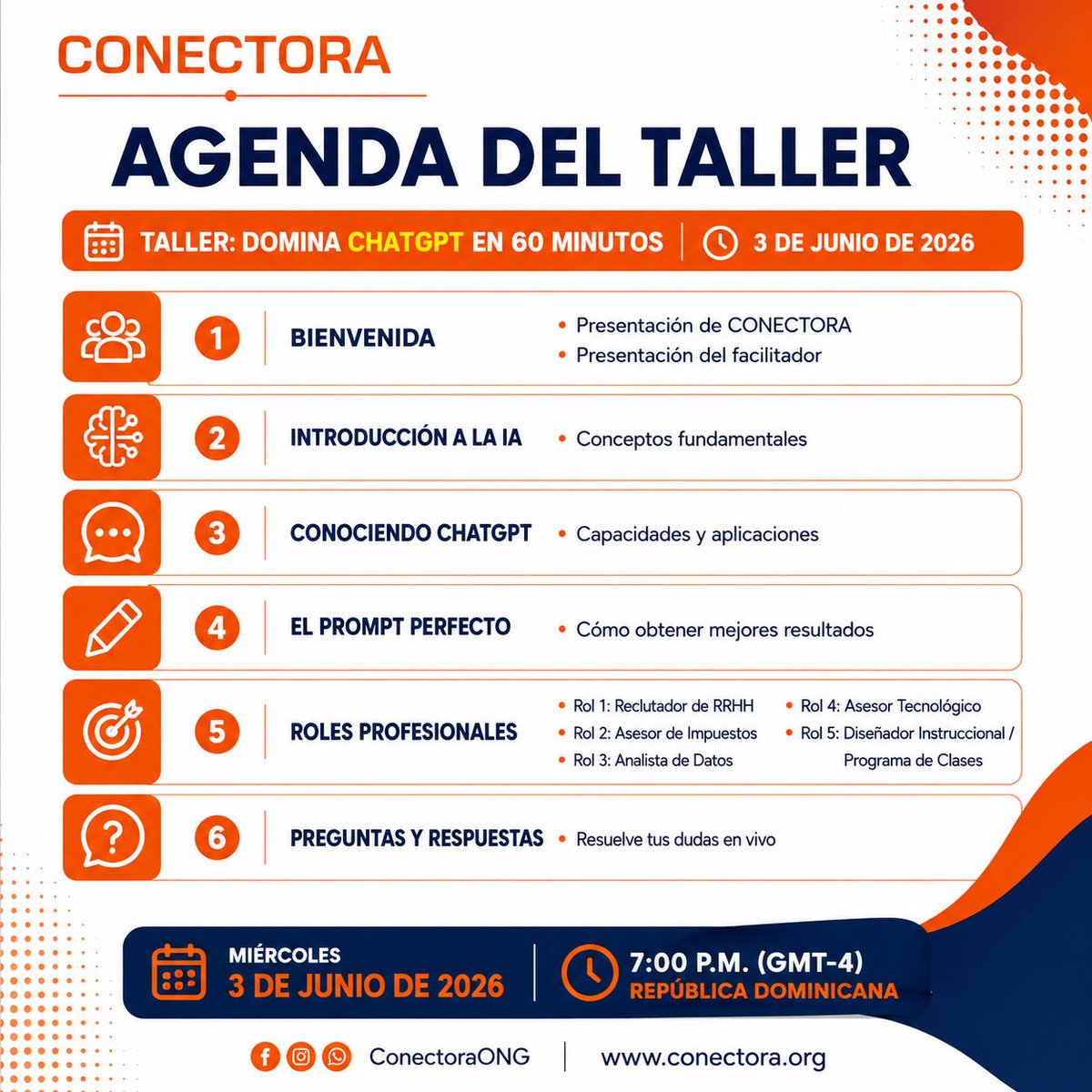 ConectoraONG's tweet photo. 🚀 ¡Gracias a todos los participantes de nuestro entrenamiento gratuito!

🔥 DOMINA CHATGPT EN 60 MINUTOS
📅 Realizado el 3 de junio de 2026

🎥 Grabación:
 https://t.co/0TdAleVsbk

#ChatGPT #IA #InteligenciaArtificial #TransformacionDigital #Capacitacion #TecnologiaEducativa https://t.co/dYDZOhD1Fc