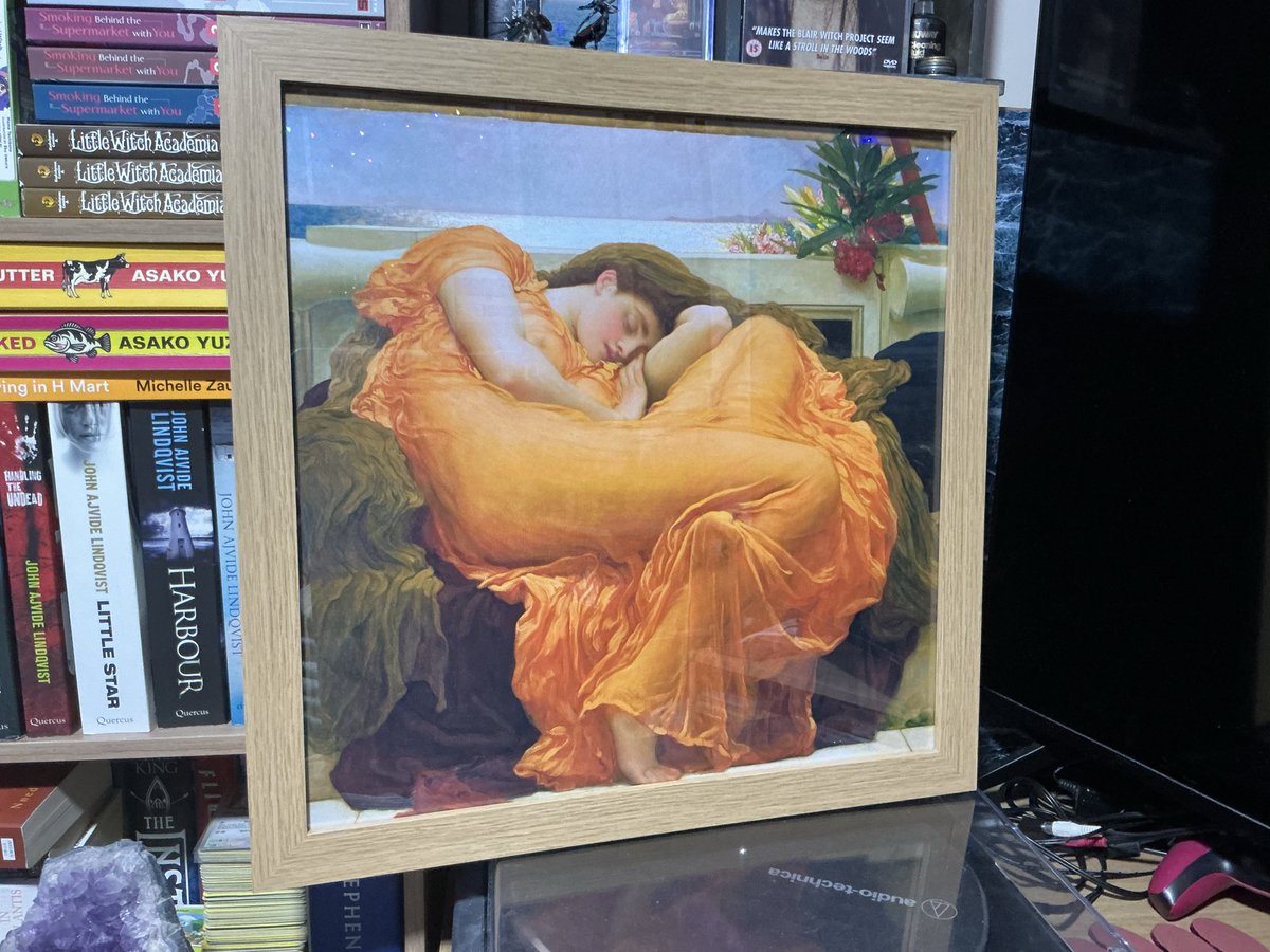 okeechoBree's tweet photo. Flaming June is my fave painting and I had this bougie pop-up store copy with PROCESSO across it,  part of a series, so I covered the word with similar coloured card but I just found a very affordable, larger, brighter and no words stamped across it copy. Yes. https://t.co/QFO6t98NM0