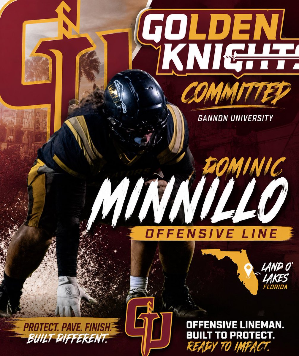 DomMinnillo's tweet photo. Excited to announce that I am officially committed to @FootballGannon thank you to @coachhallett for this amazing opportunity!  @Dan_Goodspeed @Ath_Dynasty @SuncoastPreps @LOLGatorsFB @LOLHSTDClub https://t.co/nWxAnrKZKG