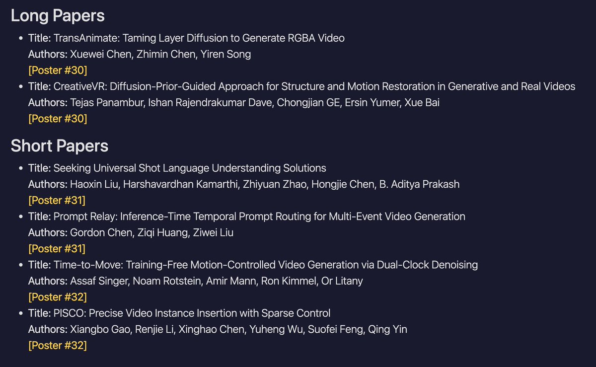 Journey2Awards's tweet photo. As we come to the end of the workshop, we are pleased to announce the accepted papers for the First Workshop on Journey to the Awards: Generative AI for Movie-Grade Video Production (J2A) at #CVPR2026. 

Congratulations to all authors! https://t.co/9qSUl6i7V0