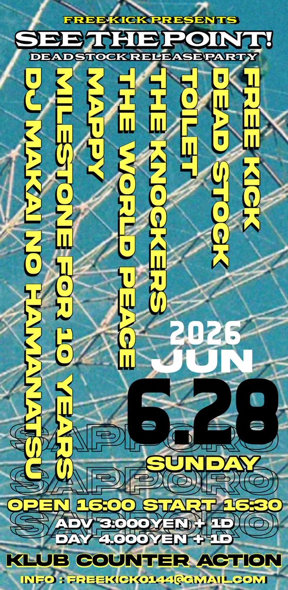 THEWORLDPEACE__'s tweet photo. 06/28日 札幌KLUB COUNTER ACTION

FREE KICKpresents

SEE THE POINT!

DEAD STOCK "Not Blue, But it's O.K." 
RELEASE PARTY 
&amp; 
"toilet" REUNION PARTY!!!! 

FREE KICK

DEAD STOCK

TOILET

THE KNOCKERS

MAPPY

MILESTONE FOR 10 YEARS

DJ MAKAI NO HANAMATSU https://t.co/8lIS6Mj4u1