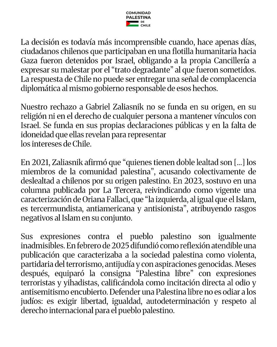 ComPalestinaCL's tweet photo. (1/2) #DeclaraciónPública ante la designación de Gabriel Zaliasnik como embajador de Chile en Israel. https://t.co/MWTpwyaokV