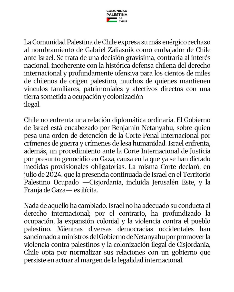 ComPalestinaCL's tweet photo. (1/2) #DeclaraciónPública ante la designación de Gabriel Zaliasnik como embajador de Chile en Israel. https://t.co/MWTpwyaokV
