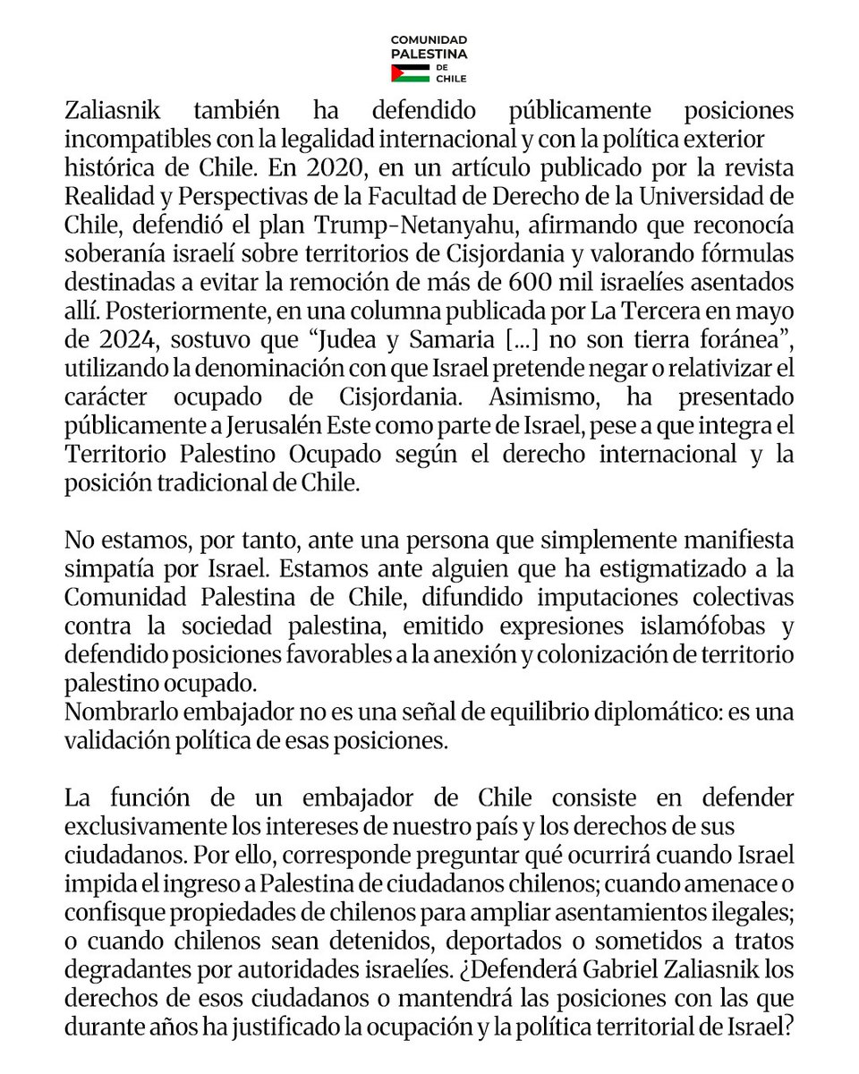 ComPalestinaCL's tweet photo. (1/2) #DeclaraciónPública ante la designación de Gabriel Zaliasnik como embajador de Chile en Israel. https://t.co/MWTpwyaokV