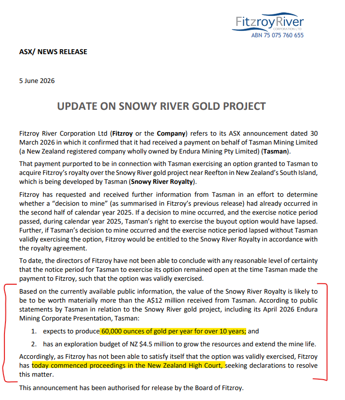 overjumped_'s tweet photo. Fitzroy River / $FZR.ax getting interesting..

Trades at A$20m, with courts to determine either: 
(1) Royalty buy-out invalid: ~A$12m/yr
*Retains royalty over near-production project, set to produce 60kozpa over 10yrs (w. upside)
*3% for first 1m ounces, 1.5% thereafter
(2) Royalty buy-out valid: A$12m cash to bank

My take is that Endura missed the boat on the buy-out... (which would be a massive blunder by a fairly reputable team...)
