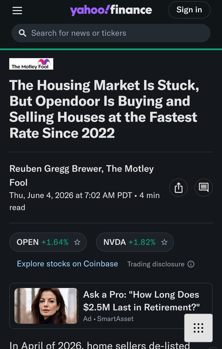 YeeTak8's tweet photo. $OPEN 

All eyes are on @Opendoor 👀 👌 🔥 🤯 🥵 

In April of 2026, home sellers de-listed 5.8% of the homes for sale. That's up nearly 4% from May's de-listing rate and tied for the highest rate since March of 2020. Some states saw de-listing as high as 10%. This is a tough housing market, but home-flipper Opendoor (NASDAQ:OPEN) appears to be executing its turnaround plan without missing a beat.